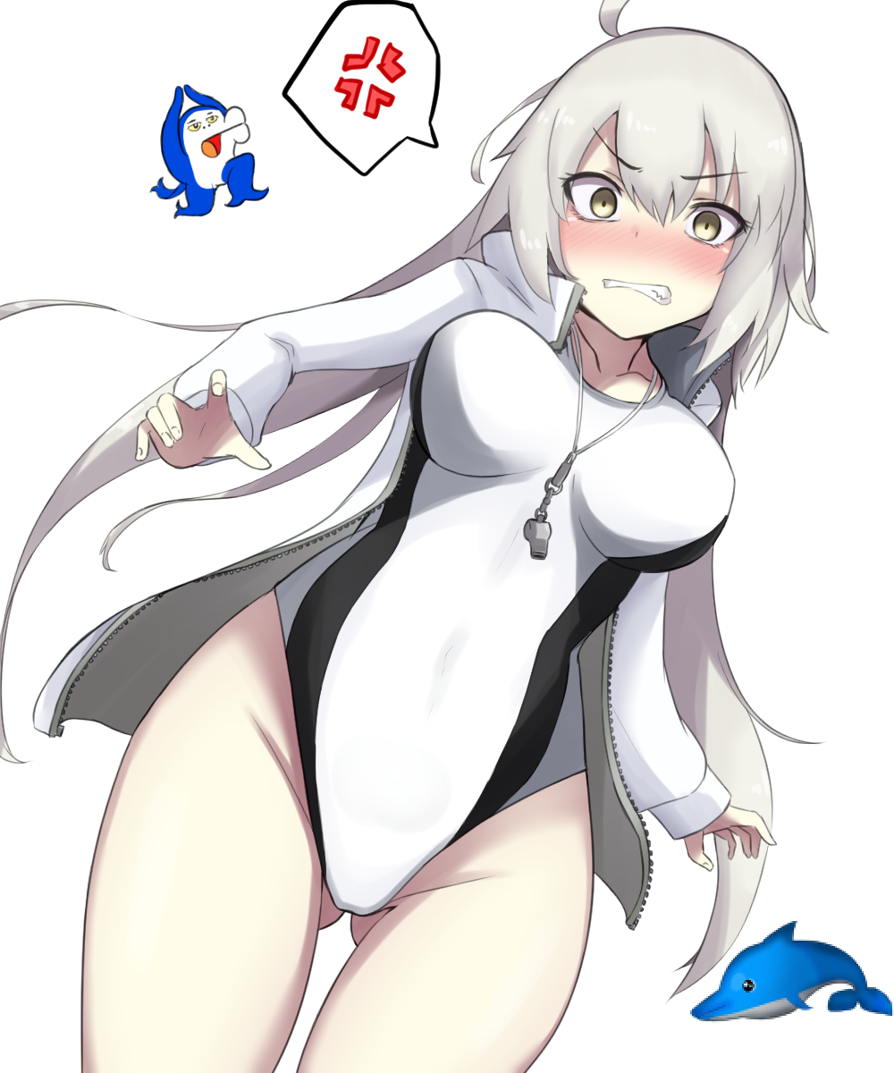 1girl anger_vein blush breasts competition_swimsuit cosplay dolphin fate/apocrypha fate/grand_order fate_(series) highleg highres jacket jeanne_d'arc_(alter)_(fate) jeanne_d'arc_(fate) jeanne_d'arc_(fate)_(all) jeanne_d'arc_(fate)_(cosplay) large_breasts looking_at_viewer meta-tron one-piece_swimsuit open_clothes open_jacket silver_hair simple_background solo spoken_anger_vein swimsuit whistle whistle_around_neck white_background white_jacket white_swimsuit yellow_eyes