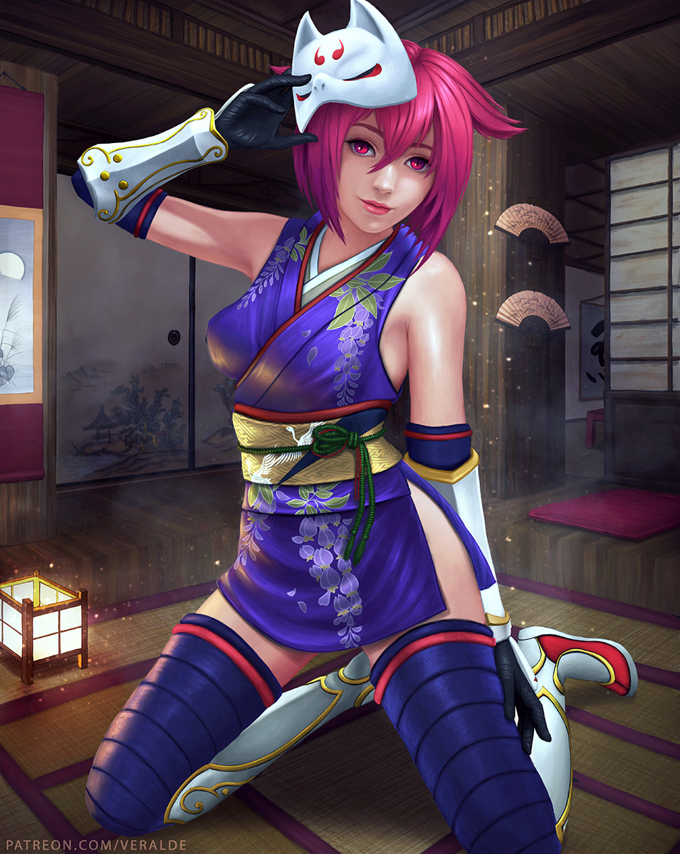 1girl animal_ears architecture arm_guards borrowed_character breasts commission cosplay east_asian_architecture elbow_gloves fan fox_mask gloves highres indoors japanese_clothes kimono kneeling kunimitsu_(tekken) kunimitsu_(tekken)_(cosplay) legs_apart lips looking_at_viewer mask mask_on_head medium_breasts obi original patreon_username pink_eyes pink_hair sash short_hair short_kimono sleeveless sleeveless_kimono smile solo tekken thigh-highs veralde watermark web_address