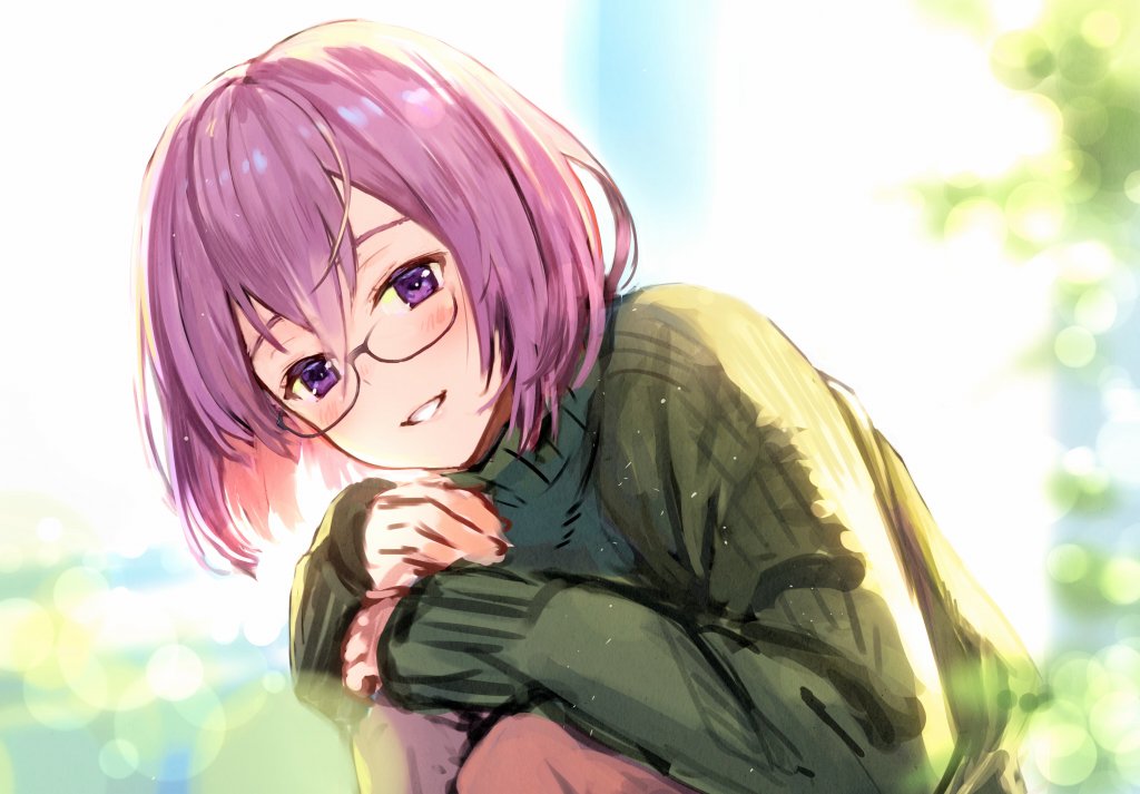 1girl backlighting black-framed_eyewear blush fate/grand_order fate_(series) glasses grin hair_between_eyes haru_(hiyori-kohal) looking_at_viewer mash_kyrielight outdoors purple_hair ribbed_sweater sitting sketch smile solo sweater violet_eyes