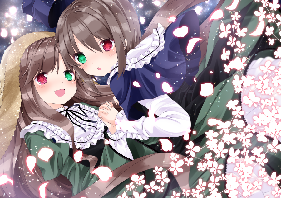 2girls :d bangs blush brown_hair capelet commentary_request dress dutch_angle eyebrows_visible_through_hair frilled_shirt_collar frills green_dress green_eyes hair_between_eyes hand_holding hat head_scarf heterochromia interlocked_fingers long_hair long_sleeves looking_at_another looking_at_viewer looking_to_the_side multiple_girls nanase_nao open_mouth parted_lips petals purple_capelet purple_hat red_eyes rozen_maiden shirt siblings sisters smile souseiseki suiseiseki top_hat twins white_shirt wide_sleeves