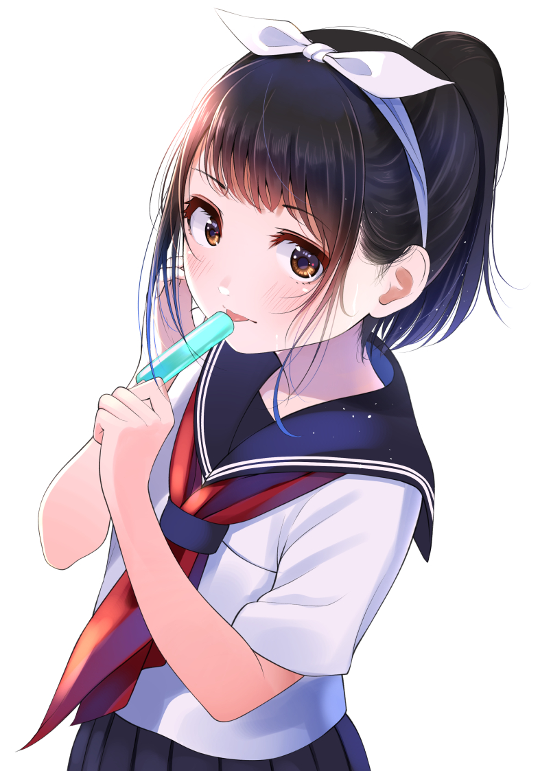 1girl bangs black_hair black_sailor_collar black_skirt blush bow brown_eyes eyebrows_visible_through_hair food hair_bow hairband kentaurosu licking matsuno_chiya neckerchief original pleated_skirt ponytail popsicle red_neckwear sailor_collar school_uniform serafuku short_sleeves sidelocks simple_background skirt solo tongue tongue_out white_background white_bow white_hairband