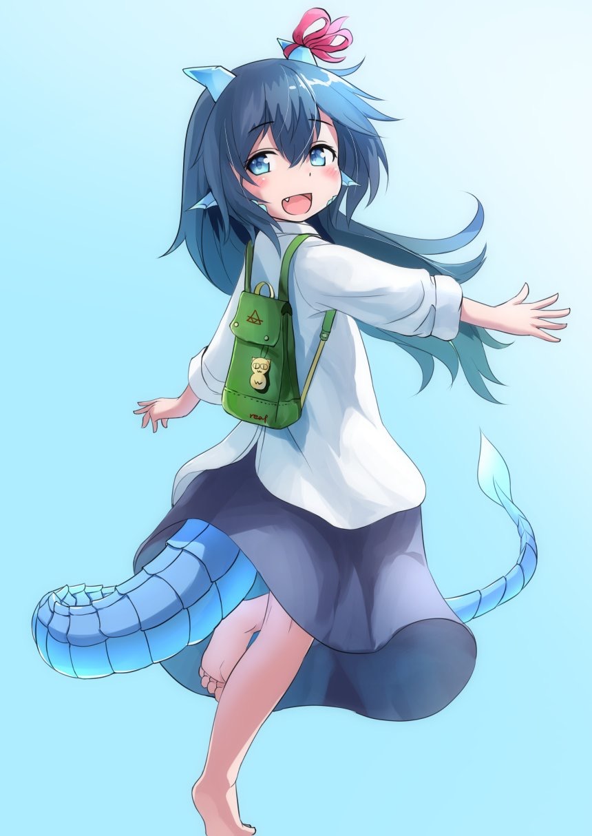 1girl :d backpack bag bag_charm bangs barefoot black_skirt blue_background blue_eyes blue_hair blush charm_(object) commentary_request dragon_girl dragon_horns dragon_tail eyebrows_visible_through_hair fang gradient gradient_background hair_between_eyes highres horn_ribbon horns kyabe_tsuka leaf-chan long_hair long_sleeves looking_at_viewer looking_back open_mouth original red_ribbon ribbon scales shirt skirt smile soles solo standing standing_on_one_leg tail very_long_hair white_shirt