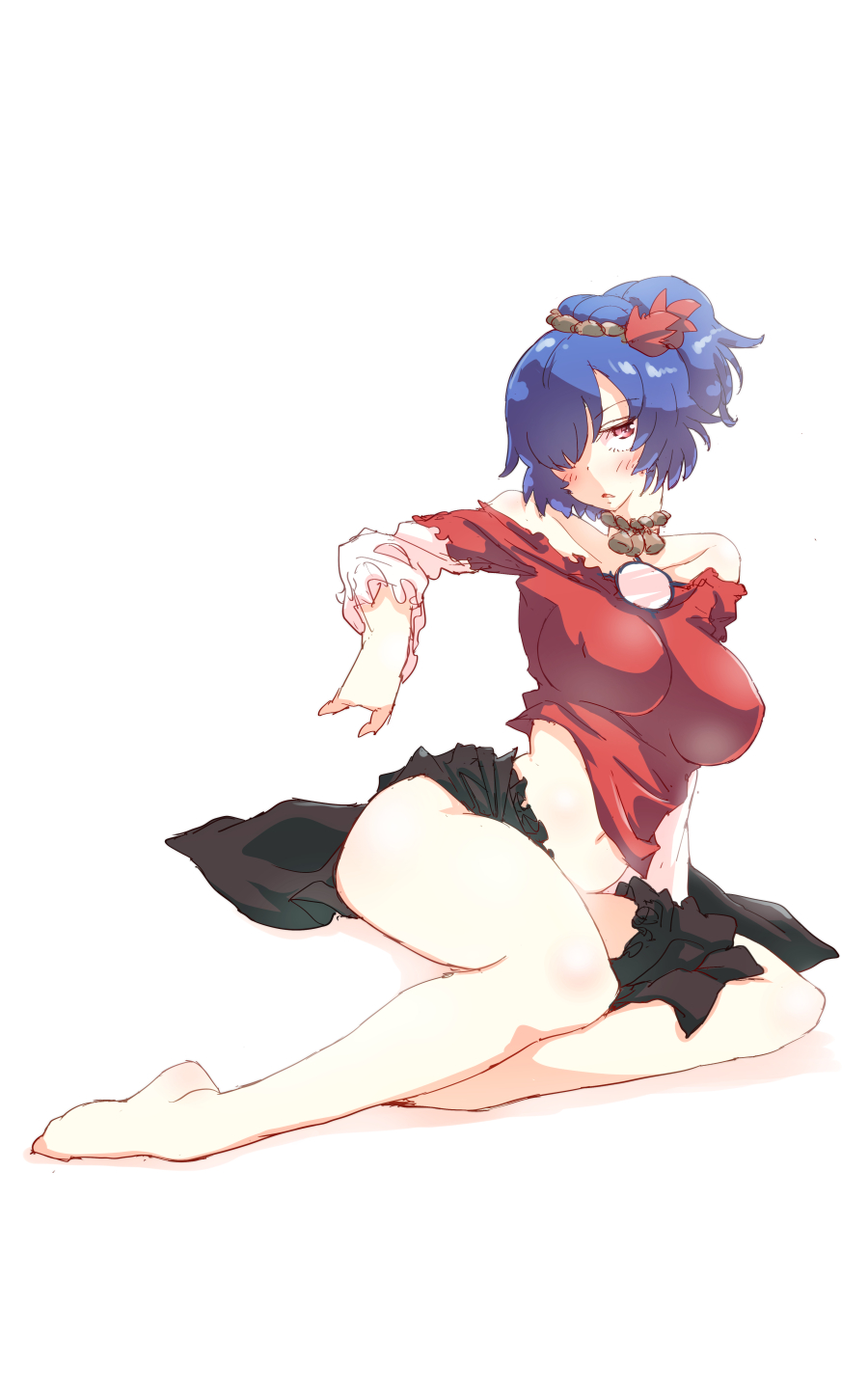 1girl bare_legs bare_shoulders barefoot blue_hair blush breasts covered_nipples hair_ornament hair_over_one_eye highres large_breasts leaf_hair_ornament looking_at_viewer midriff miniskirt mirror navel non_(z-art) off_shoulder open_mouth red_eyes rope shimenawa shirt short_hair short_ponytail simple_background sitting skirt solo touhou white_background yasaka_kanako
