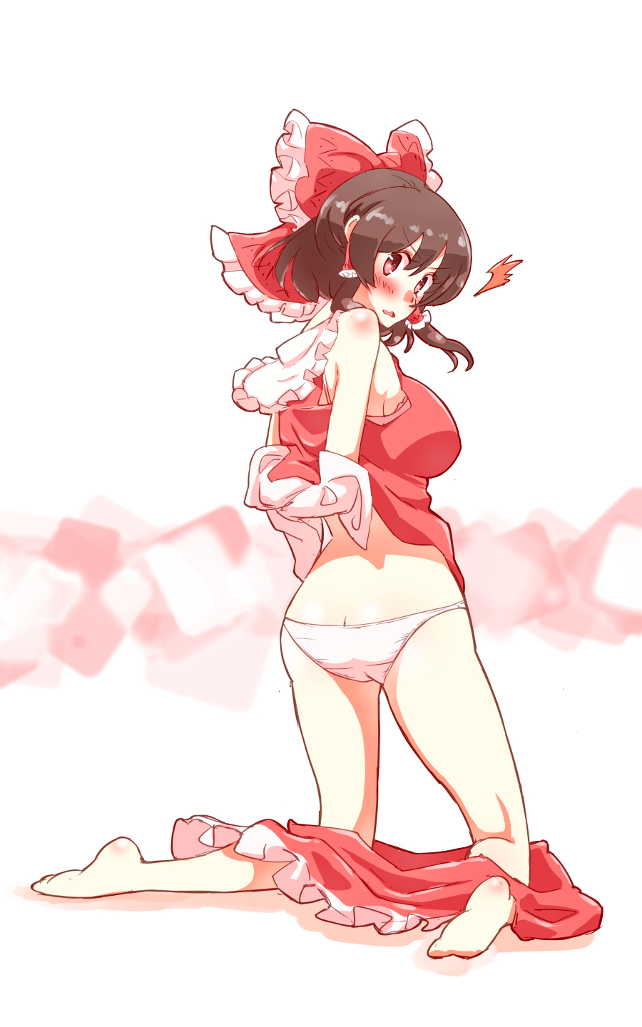 /\/\/\ ass back barefoot bow bra bra_peek breasts brown_hair butt_crack detached_sleeves from_behind full_body hair_bow hair_tubes hakurei_reimu highres kneeling looking_at_viewer looking_back medium_breasts non_(z-art) nontraditional_miko open_mouth panties red_eyes short_hair sidelocks simple_background skirt skirt_removed surprised touhou underwear undressing wavy_mouth white_background white_panties