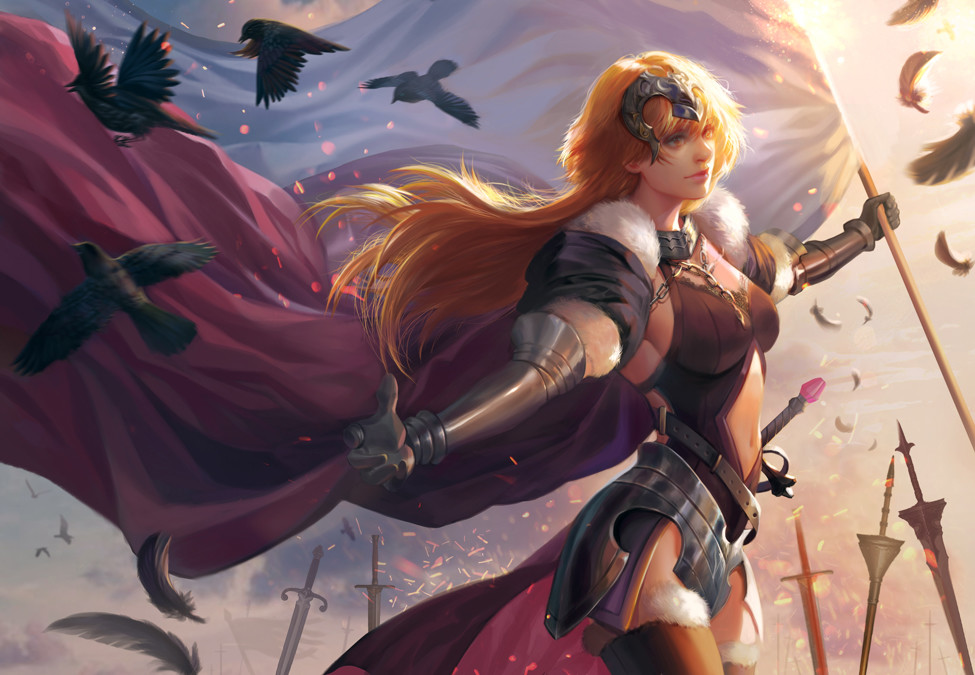 1girl armor armored_dress bangs belt bird black_dress blonde_hair breasts cape chains cleavage cleavage_cutout closed_mouth crows dress falling_feathers fate/grand_order fate_(series) faulds field_of_blades flag fur_trim gauntlets headpiece holding holding_flag jeanne_d'arc_(alter)_(fate) jeanne_d'arc_(fate)_(all) large_breasts navel navel_cutout outstretched_arms pink_lips sideboob standing sword thigh-highs weapon yang_fan yellow_eyes