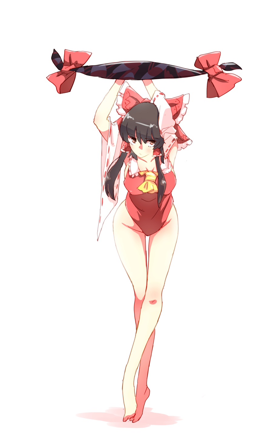 1girl arms_up barefoot black_hair bottomless bow breasts brown_eyes cleavage collarbone detached_sleeves expressionless full_body gap hair_bow hair_tubes hakurei_reimu highres long_hair looking_at_viewer medium_breasts no_panties no_pants non_(z-art) nontraditional_miko restrained sidelocks simple_background solo standing touhou white_background wide_sleeves