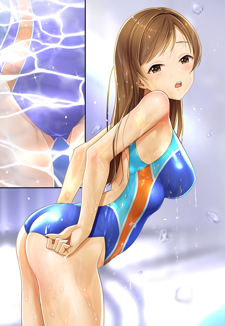 1girl adjusting_clothes adjusting_swimsuit ass blush breasts brown_eyes brown_hair competition_swimsuit highres idolmaster idolmaster_cinderella_girls inset kazu looking_at_viewer multiple_views nitta_minami one-piece_swimsuit open_mouth solo swimsuit water wet
