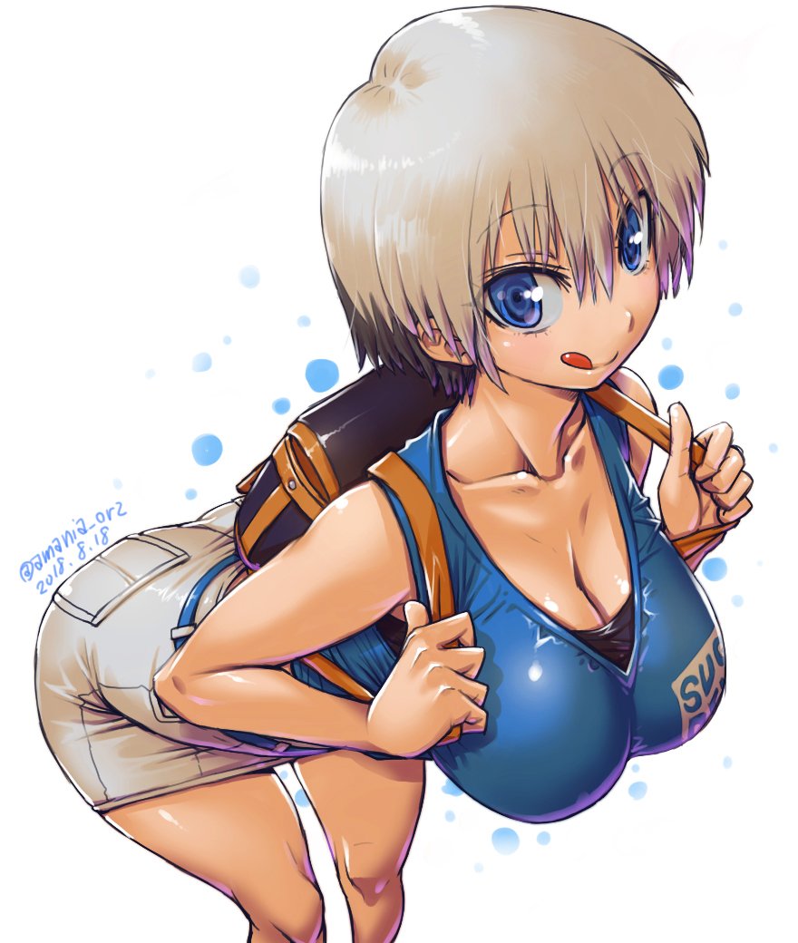 1girl amania_orz bag blue_eyes breasts character_request cleavage collarbone commentary_request large_breasts short_hair skirt sleeveless solo tongue tongue_out white_hair