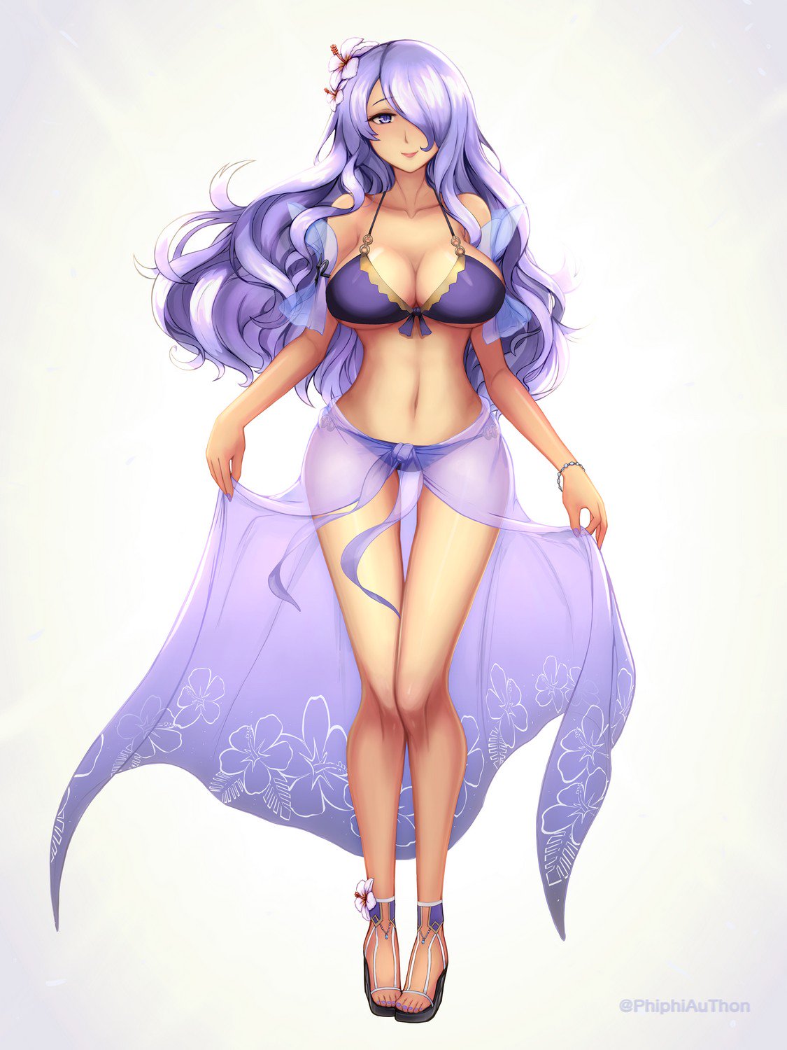 1girl bikini breasts camilla_(fire_emblem_if) cleavage closed_mouth fire_emblem fire_emblem_heroes fire_emblem_if flower full_body hair_flower hair_ornament hair_over_one_eye highres large_breasts long_hair navel o-ring o-ring_bikini phiphi-au-thon purple_hair sandals sarong see-through smile solo standing swimsuit twitter_username violet_eyes white_flower