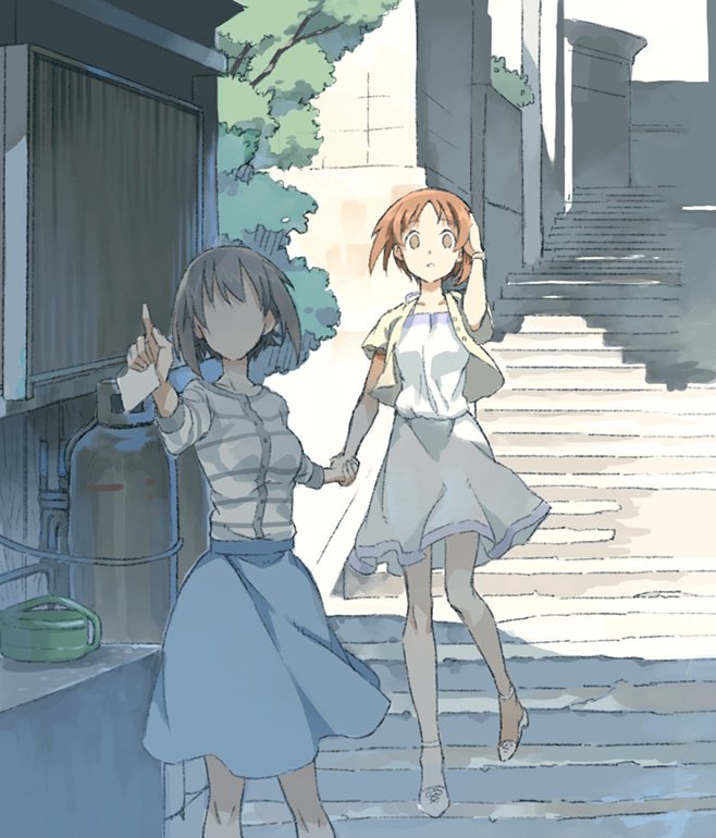 2girls bangs blue_skirt building casual commentary_request cosmic_(crownclowncosmic) day faceless faceless_female girls_und_panzer grey_shirt hand_holding hand_on_head high_heels holding jacket long_sleeves looking_at_viewer medium_skirt multiple_girls nishizumi_maho nishizumi_miho open_mouth outdoors pointing shadow shirt short_hair siblings sisters skirt stairs standing striped striped_shirt tree white_footwear white_shirt white_skirt wristband yellow_jacket