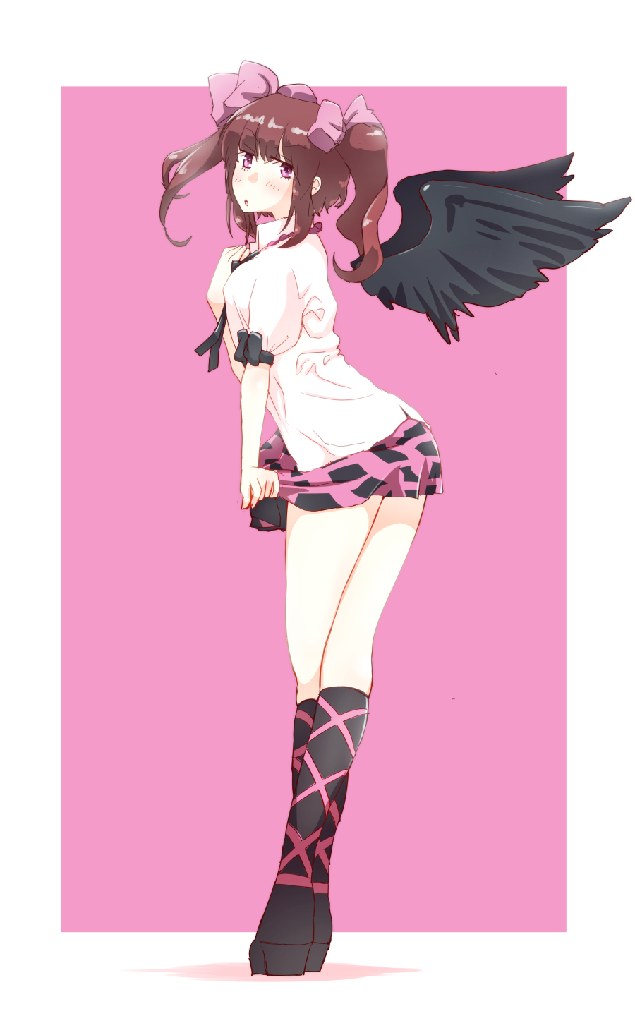 1girl bird_wings blush boots bow brown_hair collared_shirt hair_bow hand_on_own_chest hat highres himekaidou_hatate looking_at_viewer miniskirt neck_ribbon non_(z-art) open_mouth puffy_short_sleeves puffy_sleeves purple_background ribbon shirt short_hair short_sleeves simple_background skirt solo standing tokin_hat touhou twintails violet_eyes wings