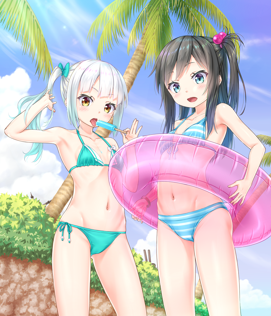 2girls asashio_(kantai_collection) bikini black_hair blue_bikini blue_bow blue_eyes blue_sky bow breasts collarbone day eyebrows_visible_through_hair food gotou_hisashi groin hair_between_eyes hair_bobbles hair_bow hair_ornament holding holding_food ice_cream innertube kantai_collection kasumi_(kantai_collection) long_hair looking_at_viewer multiple_girls navel open_mouth outdoors palm_tree shiny shiny_hair side-tie_bikini side_ponytail sideboob silver_hair sky small_breasts standing striped striped_bikini sunlight swimsuit tongue tongue_out transparent tree yellow_eyes