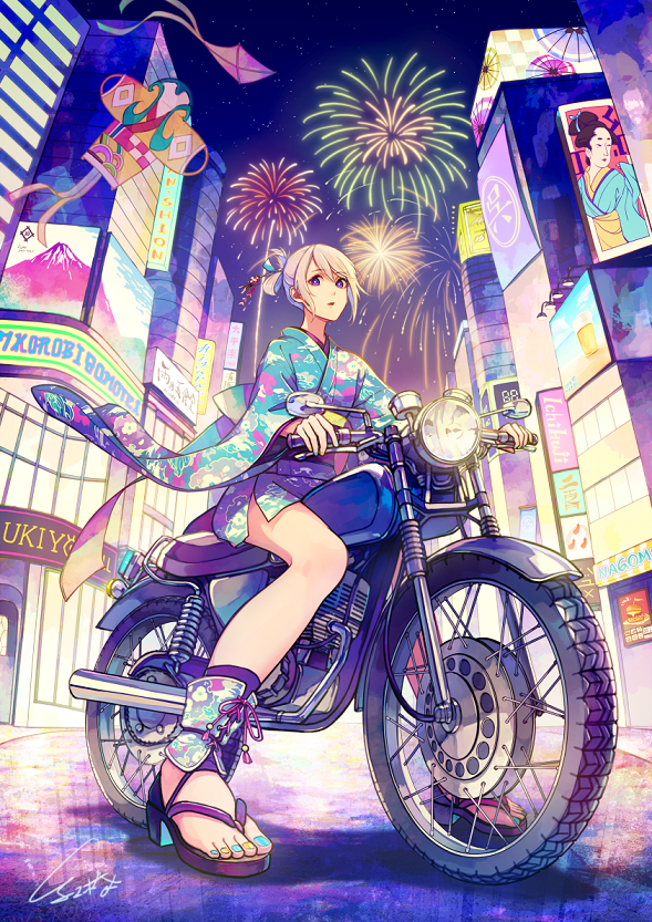 1girl akagi_shun blonde_hair blue_eyes blue_kimono blue_nails building commentary driving english_commentary fireworks ground_vehicle japanese_clothes kimono long_sleeves looking_at_viewer motor_vehicle motorcycle nail_polish night night_sky original outdoors parted_lips ponytail sandals signature sitting sky skyscraper solo star_(sky) starry_sky toenails