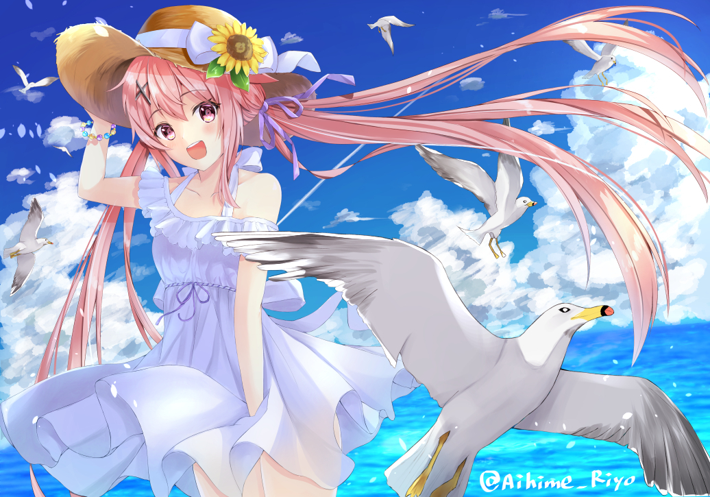 1girl :d aihime_riyo bird blue_sky bow bracelet clouds cowboy_shot day dress dress_lift eyebrows_visible_through_hair floating_hair flower hair_between_eyes hair_ornament hair_ribbon hand_on_headwear hat hat_bow hat_flower hat_ribbon jewelry long_hair looking_at_viewer ocean open_mouth original outdoors pink_eyes pink_hair purple_ribbon ribbon shoulder_cutout sky smile solo standing straw_hat sun_hat sundress sunflower twintails very_long_hair white_bow white_dress white_ribbon wind wind_lift x_hair_ornament
