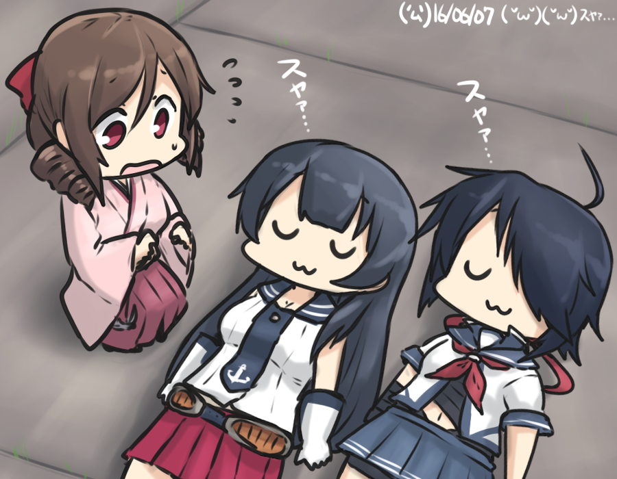 3girls :3 agano_(kantai_collection) ahoge black_hair bow brown_hair commentary_request dated drill_hair gloves hair_bow hakama hamu_koutarou harukaze_(kantai_collection) japanese_clothes kako_(kantai_collection) kantai_collection long_hair meiji_schoolgirl_uniform messy_hair multiple_girls necktie pleated_skirt red_bow red_eyes school_uniform serafuku short_hair skirt sleeping teruyof twin_drills white_gloves zzz