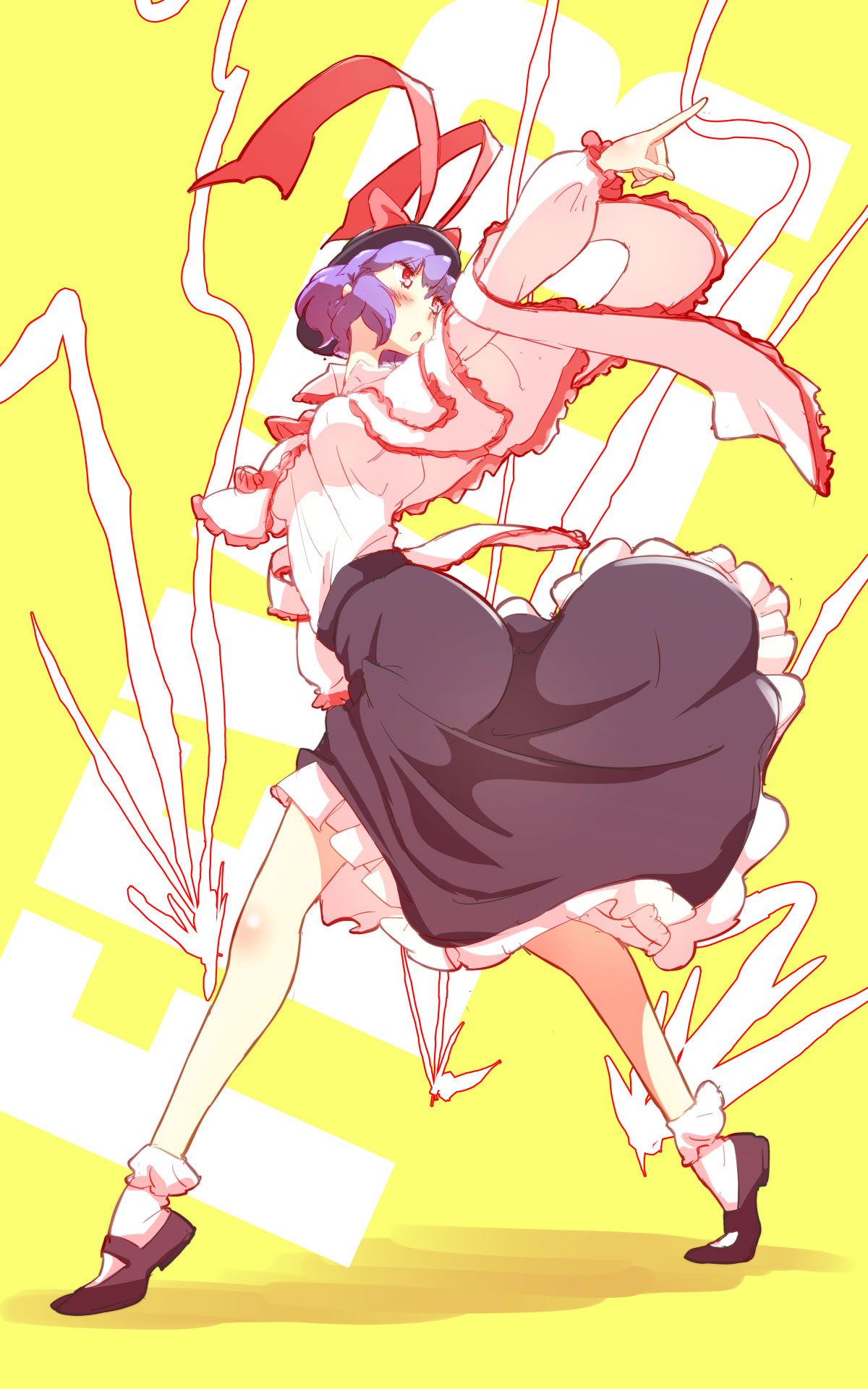 1girl black_footwear blush breasts english hat hat_ribbon highres index_finger_raised lightning_bolt medium_breasts nagae_iku non_(z-art) open_mouth outstretched_arm pose purple_hair red_eyes ribbon sash saturday_night_fever shirt shoes short_hair simple_background skirt socks solo standing touhou yellow_background