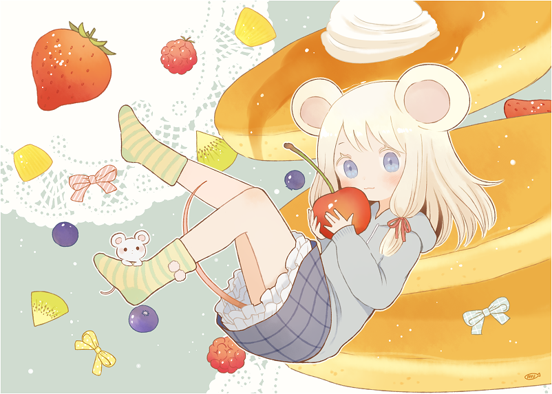 1girl :3 animal_ears ayu_(mog) bangs blonde_hair blue_eyes blue_hoodie blue_skirt blush bow checkered checkered_skirt cherry closed_mouth commentary_request cream floating food fruit green_legwear hair_ribbon holding hood hoodie kiwi_slice long_sleeves looking_at_viewer minigirl mouse mouse_ears mouse_tail original pancake raspberry red_ribbon ribbon signature skirt smile socks solo strawberry striped striped_legwear tail