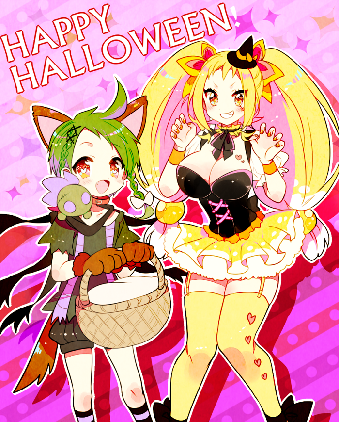 1boy 1girl :d animal_ears azumarill basket black_hat black_legwear blush braid breasts brown_gloves cat_ears child cleavage creatures_(company) english fake_animal_ears game_freak garter_straps gen_2_pokemon gen_5_pokemon gloves happy_halloween hat heart heart-shaped_pupils holding holding_basket hydreigon kneehighs knees_together_feet_apart mini_hat nail_polish nintendo open_mouth orange_nails paw_gloves paws personification pink_background pokemon red_eyes skirt smile standing stuffed_animal stuffed_toy symbol-shaped_pupils thigh-highs twin_braids twintails yellow_legwear yellow_skirt yuzu_ichika