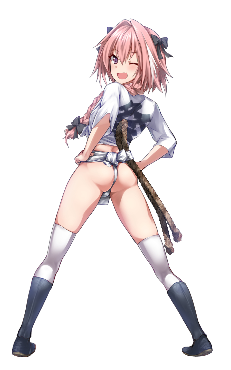 1boy ;d ass astolfo_(fate) bangs black_bow black_footwear black_ribbon blush boots bow braid bulge clothes_writing eyebrows_visible_through_hair fang fate/apocrypha fate_(series) from_behind full_body fundoshi hair_between_eyes hair_bow hair_intakes hair_over_shoulder hair_ribbon hands_on_hips head_tilt highres japanese_clothes knee_boots legs_apart long_hair long_sleeves looking_at_viewer looking_back male_focus midriff multicolored_hair one_eye_closed open_mouth otoko_no_ko pink_hair ribbon rope shiny shiny_hair shirt simple_background single_braid smile solo standing streaked_hair tango_(tn500) thigh-highs violet_eyes white_background white_hair white_legwear white_shirt