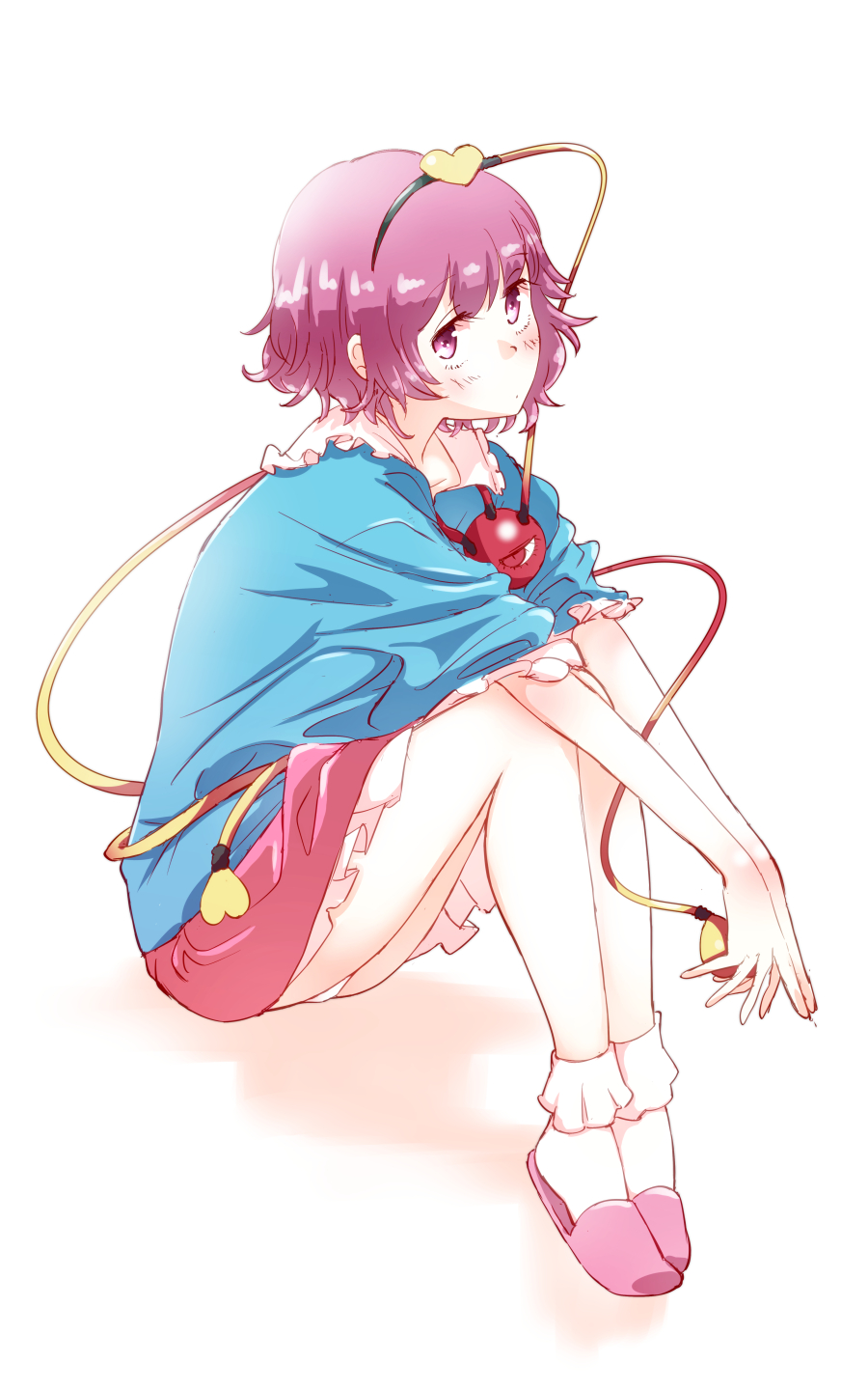 1girl blouse blush hairband hands_together heart highres invisible_chair knees_to_chest komeiji_satori legs_together looking_at_viewer miniskirt non_(z-art) panties pantyshot pantyshot_(sitting) purple_hair short_hair simple_background sitting skirt slippers socks solo third_eye touhou underwear violet_eyes white_background white_panties