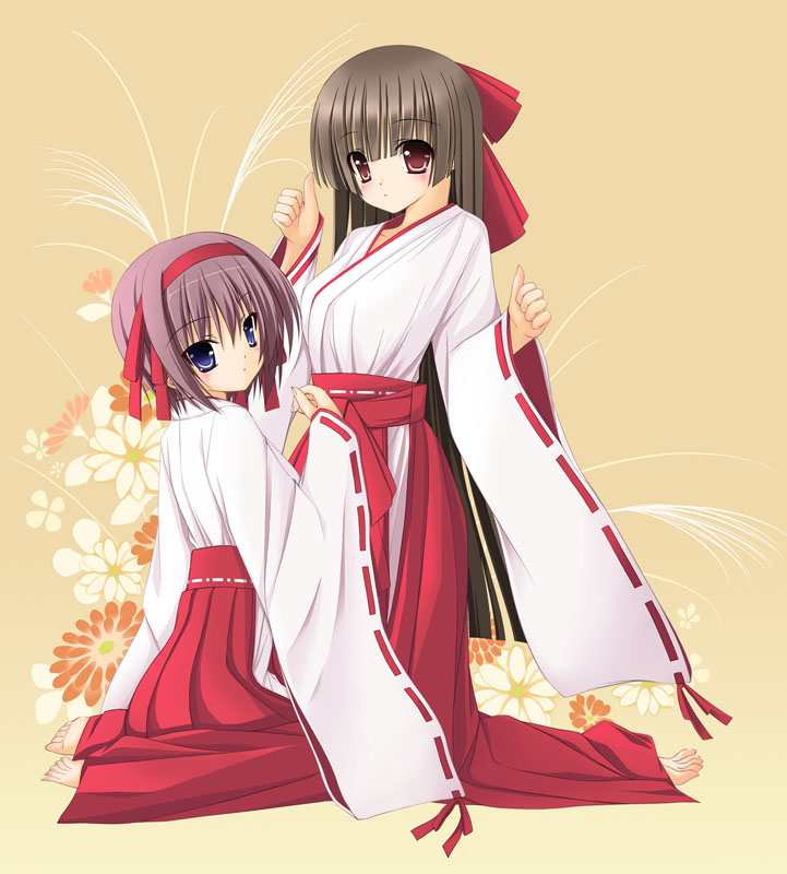 2girls blue_eyes brown_hair copyright_request graphite_(medium) japanese_clothes kimono mechanical_pencil miko multiple_girls pencil purple_hair red_eyes tomosuke traditional_media