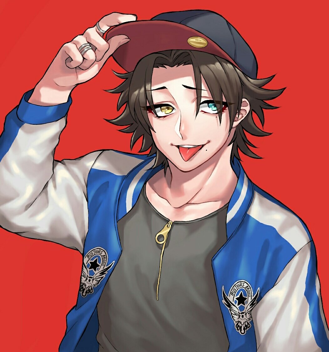 1boy baseball_cap black_hair black_shirt blue_eyes haraodori_sp hat hat_tip heterochromia hypnosis_mic jacket jewelry letterman_jacket male_focus mole mole_under_mouth open_mouth red_background ring shirt simple_background smile tongue tongue_out yamada_jirou yellow_eyes