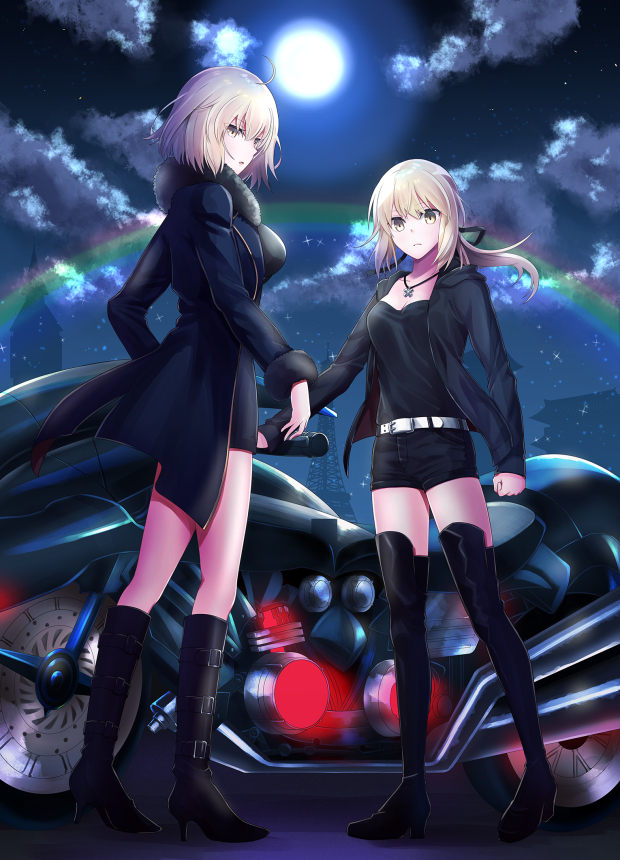 2girls ahoge artoria_pendragon_(all) belt black_dress black_footwear black_jacket black_ribbon black_shirt black_shorts blonde_hair boots breasts cleavage clouds collarbone dress eiffel_tower eyebrows_visible_through_hair fate/grand_order fate_(series) floating_hair full_body full_moon fur_trim ground_vehicle hair_ribbon high_heel_boots high_heels hood hooded_jacket jacket jeanne_d'arc_(alter)_(fate) jeanne_d'arc_(fate)_(all) jewelry knee_boots long_hair medium_breasts meet moon motor_vehicle motorcycle multiple_girls necklace night open_clothes open_jacket outdoors ponytail rainbow ribbon saber_alter shirt short_dress short_hair short_shorts shorts standing thigh-highs thigh_boots
