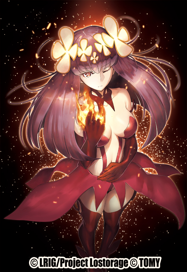 1girl ;| bare_shoulders black_background black_legwear breasts brown_hair burning_hand cleavage copyright_name fire flower hair_flower hair_ornament hand_on_own_stomach hand_up ishibashi_yosuke long_hair medium_breasts navel official_art red_skirt skirt solo standing thigh-highs watermark wixoss