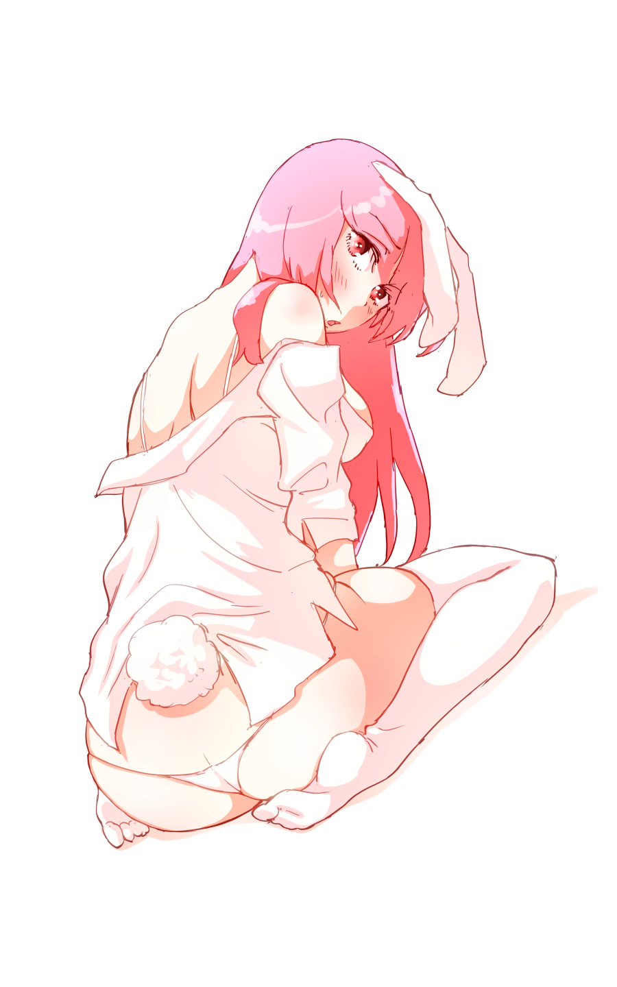 1girl animal_ears ass back bare_shoulders blush breasts bunny_tail butt_crack collared_shirt dutch_angle from_behind full_body highres looking_at_viewer looking_back medium_breasts non_(z-art) off_shoulder open_mouth panties rabbit_ears red_eyes reisen_udongein_inaba shirt simple_background sitting solo sweatdrop tail thigh-highs touhou underwear wariza white_background white_legwear white_panties white_shirt