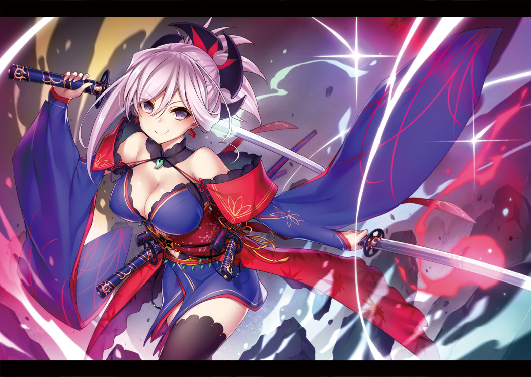 1girl asymmetrical_hair black_legwear blue_kimono breasts choker cleavage cowboy_shot dual_wielding earrings eyebrows_visible_through_hair fate/grand_order fate_(series) hair_between_eyes holding holding_sword holding_weapon japanese_clothes jewelry katana kimono kodama_yuu large_breasts long_hair looking_at_viewer magatama_necklace miyamoto_musashi_(fate/grand_order) off_shoulder ponytail silver_hair smile solo standing sword thigh-highs violet_eyes weapon zettai_ryouiki