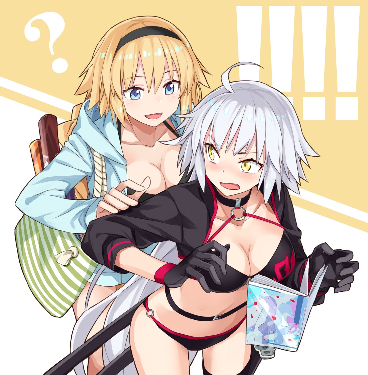 2girls ahoge bangs bikini black_bikini black_jacket blonde_hair blue_eyes blue_hoodie blush book braid breasts choker cleavage commentary_request eyebrows_visible_through_hair fate/grand_order fate_(series) hair_between_eyes hairband highres jacket jeanne_d'arc_(alter_swimsuit_berserker) jeanne_d'arc_(fate)_(all) jeanne_d'arc_(swimsuit_archer) large_breasts long_hair multiple_girls o-ring smile swimsuit toromera tote_bag very_long_hair yellow_eyes