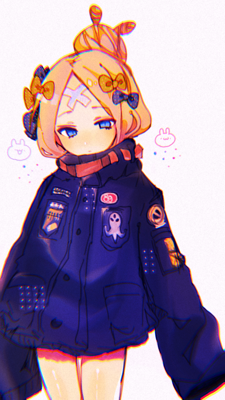 1girl abigail_williams_(fate/grand_order) alternate_hairstyle bandaid_on_forehead bangs belt black_bow black_jacket blonde_hair blue_eyes blush bow fate/grand_order fate_(series) forehead hair_bow hair_bun heroic_spirit_traveling_outfit high_collar highres jacket long_hair looking_at_viewer morita_(pixiv31883607) orange_bow parted_bangs polka_dot polka_dot_bow simple_background sleeves_past_fingers sleeves_past_wrists solo thighs white_background