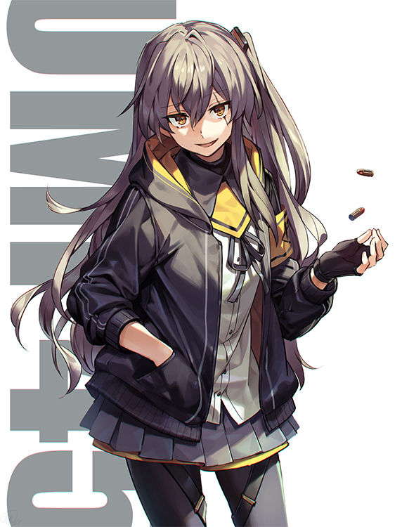 bangs bullet crossed_bangs enmr39_(anonyma) girls_frontline hood hood_down hooded_jacket jacket juggling scar scar_across_eye side_ponytail silver_hair throwing ump45_(girls_frontline)