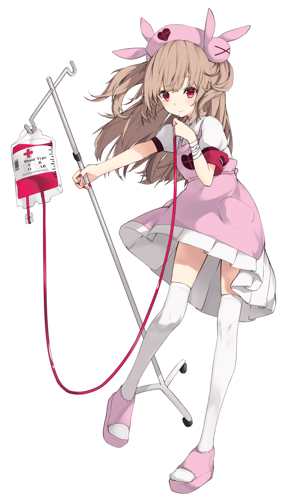 1girl armband bangs blood blood_bag bunny_hair_ornament commentary_request dress eyebrows_visible_through_hair fingernails full_body hair_ornament hat heart highres holding intravenous_drip leg_up light_brown_hair long_hair looking_at_viewer nail_polish natori_sana nurse nurse_cap open_toe_shoes outstretched_arm paryi pink_dress pink_eyes red_nails sana_channel shoes short_sleeves simple_background solo standing standing_on_one_leg thigh-highs two_side_up virtual_youtuber white_background white_legwear