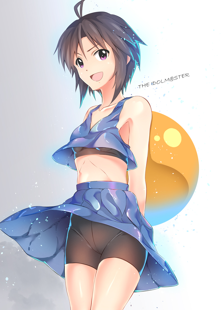 1girl :d antenna_hair arms_behind_back bike_shorts black_bra black_shorts blue_skirt bra brown_hair collarbone copyright_name cowboy_shot crop_top gradient gradient_background grey_background hair_between_eyes highres idolmaster idolmaster_(classic) kikuchi_makoto midriff ns.x open_mouth pleated_skirt short_hair short_shorts shorts skirt skirt_lift smile solo sports_bra standing stomach underwear violet_eyes