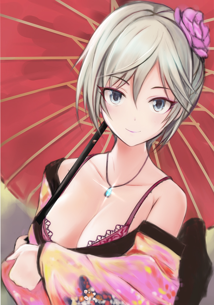 1girl anastasia_(idolmaster) blue_eyes bra breasts cleavage collarbone eyebrows_visible_through_hair flower hair_between_eyes hair_flower hair_ornament holding holding_umbrella idolmaster idolmaster_cinderella_girls japanese_clothes jewelry kimono looking_at_viewer medium_breasts nannacy7 necklace oriental_umbrella pink_bra pink_flower red_umbrella short_hair silver_hair smile solo sparkle umbrella underwear upper_body yukata