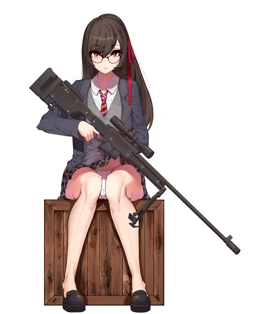 1girl bare_legs bipod black_hair black_legwear crate eyebrows_visible_through_hair glasses gun hair_between_eyes happening18 highres korean_commentary long_hair necktie original panties pantyshot pantyshot_(sitting) plaid plaid_skirt red_eyes red_ribbon ribbon rifle school_uniform scope sitting skirt sniper_rifle solo thighs underwear weapon white_background white_panties