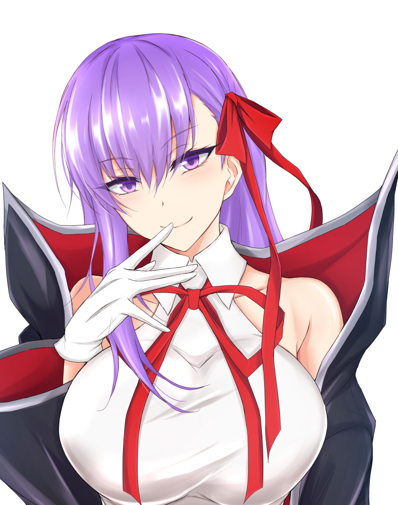 1girl bangs bare_shoulders bb_(fate/extra_ccc) bb_(swimsuit_mooncancer)_(fate) black_coat blush breasts character_request collarbone commentary_request copyright_request eyebrows_visible_through_hair fate/extra fate/grand_order fate_(series) finger_to_mouth gloves hair_between_eyes hair_ribbon hand_up head_tilt high_collar huge_breasts long_hair long_sleeves looking_at_viewer neck_ribbon piro_(iiiiiiiiii) purple_hair red_neckwear red_ribbon ribbon shirt simple_background single_sidelock smile solo upper_body violet_eyes white_background white_gloves white_shirt wide_sleeves wing_collar