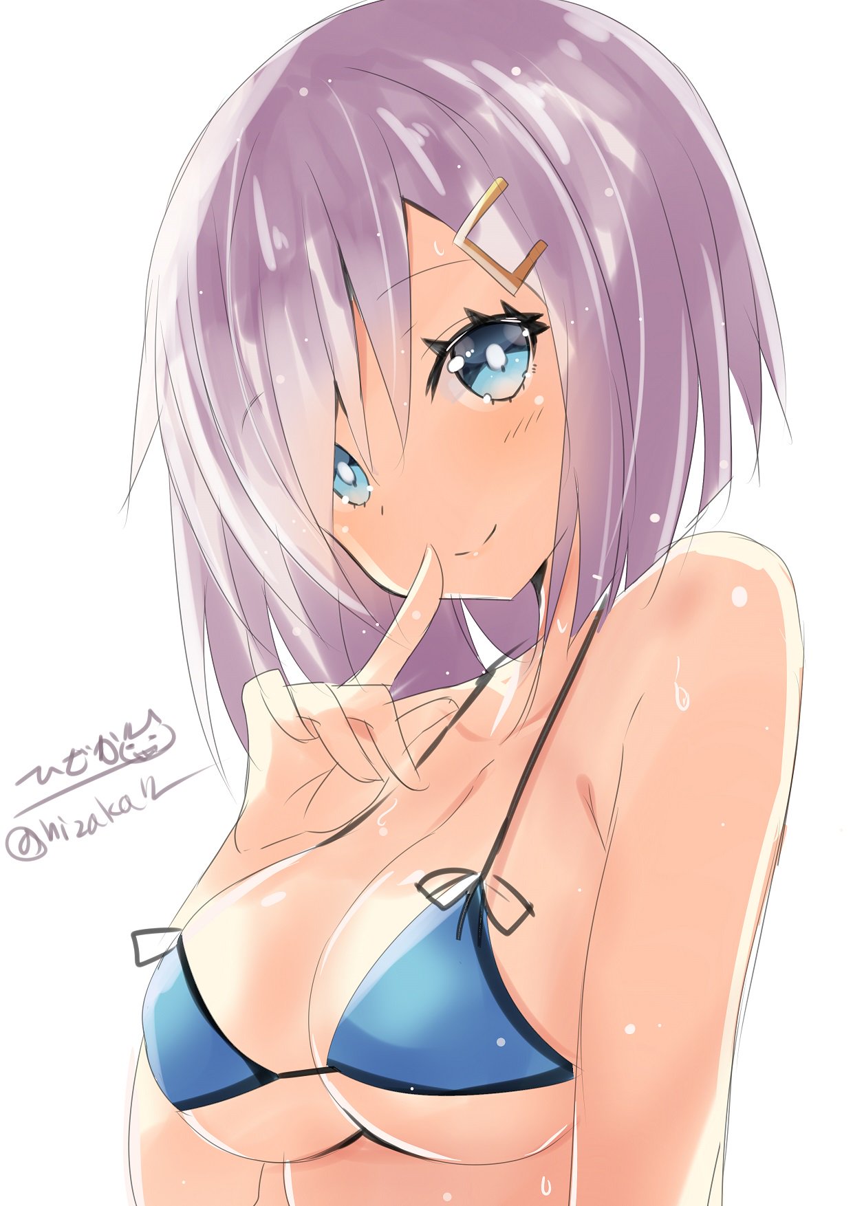 bikini blue_bikini blue_eyes blush breasts closed_mouth eyebrows_visible_through_hair grey_hair hair_ornament hairclip hamakaze_(kantai_collection) highres hizaka kantai_collection large_breasts looking_at_viewer short_hair simple_background smile swimsuit twitter_username white_background