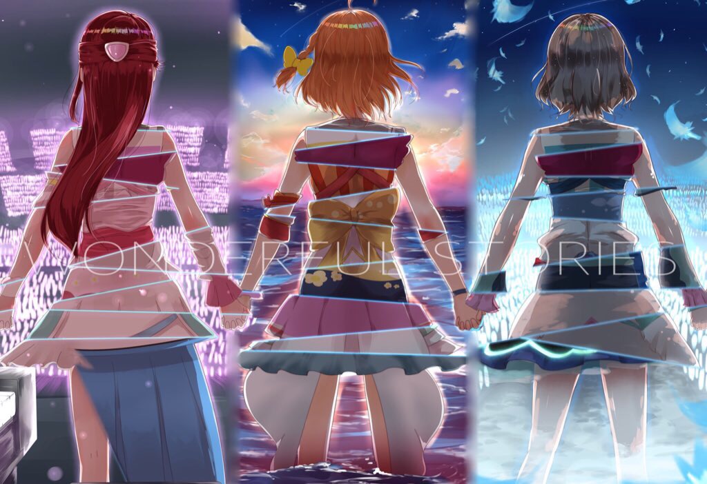 3girls ahoge awaken_the_power bow braid brown_hair daisuki_dattara_daijoubu! feathers from_behind glowstick hair_bow half_updo hand_holding instrument long_hair love_live! love_live!_sunshine!! mijuku_dreamer miracle_wave mirai_ticket multiple_girls my_mai_tonight omoi_yo_hitotsu_ni_nare orange_hair piano redhead sakurauchi_riko shooting_star short_hair side_braid stage sunrise takami_chika uranohoshi_school_uniform wading watanabe_you water_blue_new_world yaa-kun yellow_bow yume_de_yozora_wo_terashitai