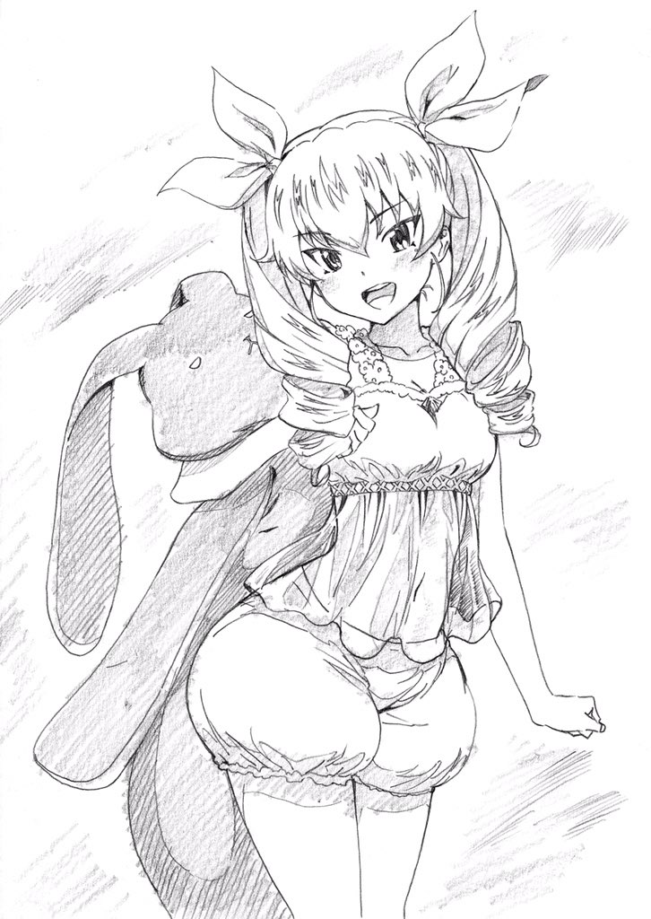 1girl :d anchovy camisole clenched_hand commentary drill_hair eyebrows_visible_through_hair girls_und_panzer graphite_(medium) greyscale hair_ribbon head_tilt holding holding_stuffed_animal long_hair looking_at_viewer monochrome open_mouth oversized_object pajamas pink_x puffy_shorts ribbon shorts sketch smile solo standing stuffed_animal stuffed_bunny stuffed_toy traditional_media twin_drills twintails