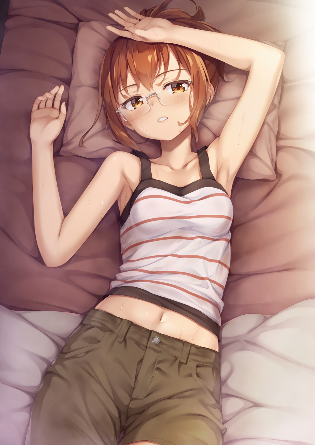 1girl armpits arms_up bangs bare_arms bare_shoulders bed_sheet blush breasts brown_eyes brown_hair brown_shorts camisole chio-chan_no_tsuugakuro collarbone commentary_request eyebrows_visible_through_hair fingernails glasses hand_on_own_head head_tilt highres lying midriff miyamo_chio navel on_back parted_lips pillow revision short_hair short_shorts shorts small_breasts solo striped striped_camisole sweat tomifumi white_camisole