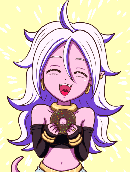 :3 :d android_21 bare_shoulders breasts cleavage closed_eyes detached_sleeves doughnut dragon_ball dragon_ball_fighterz earrings fangs food hair_between_eyes hoop_earrings jewelry koyukiyasu long_hair majin_android_21 midriff navel open_mouth pink_skin smile strapless tail tubetop yellow_background