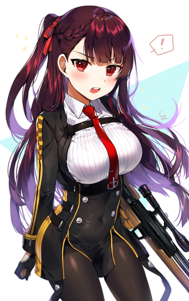 ! 1girl bangs black_gloves black_legwear blush breasts bullpup covered_navel gijang girls_frontline gloves gun hair_ribbon half_updo large_breasts long_hair looking_at_viewer necktie open_mouth pantyhose purple_hair red_eyes ribbon rifle simple_background sniper_rifle solo spoken_exclamation_mark strap wa2000_(girls_frontline) walther walther_wa_2000 weapon white_background