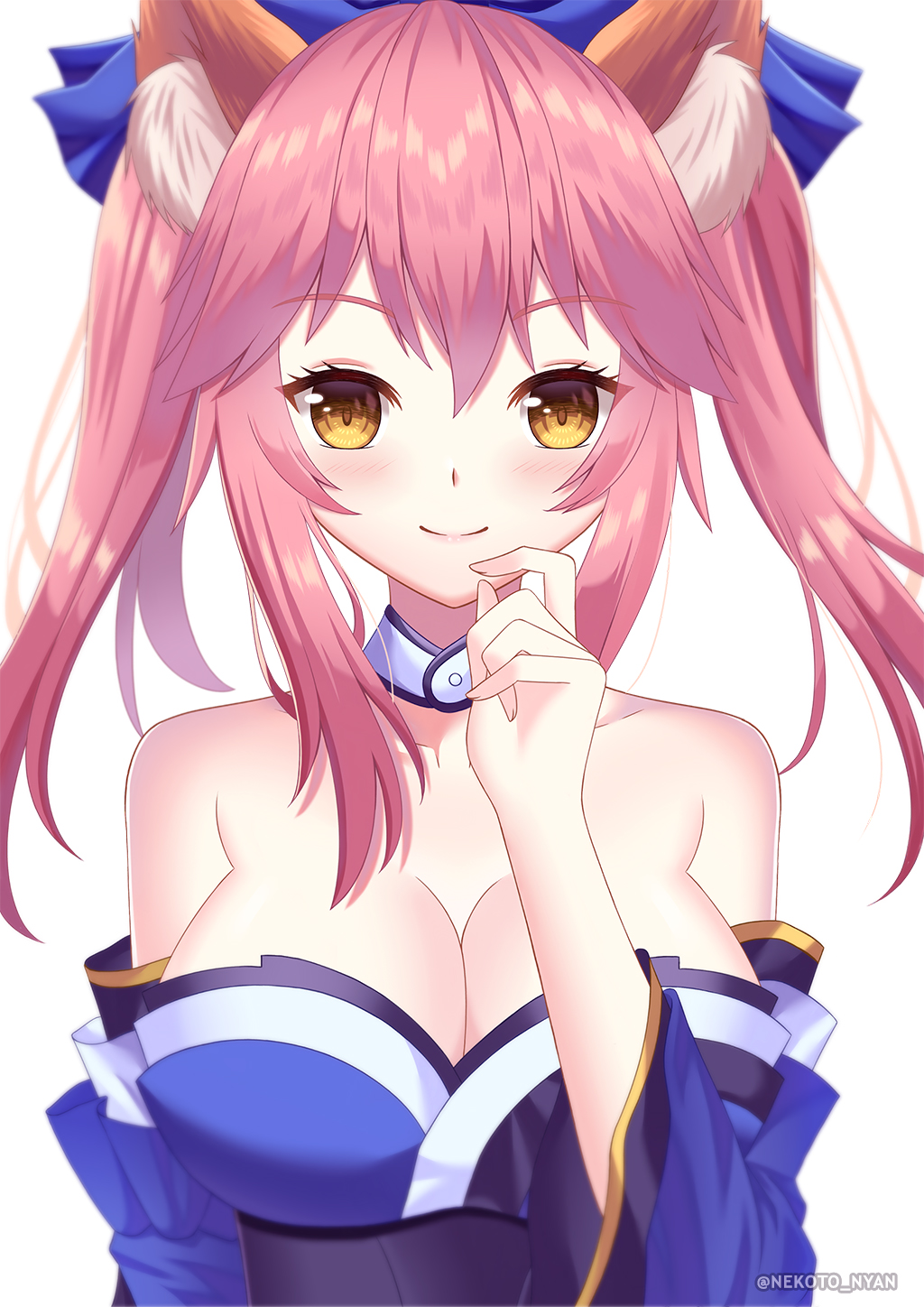 1girl animal_ear_fluff animal_ears bare_shoulders blue_ribbon blush breasts cleavage collarbone detached_sleeves fate/extra fate/grand_order fate_(series) fox_ears hair_ribbon highres japanese_clothes large_breasts looking_at_viewer nekotonyan pink_hair ribbon simple_background smile solo tamamo_(fate)_(all) tamamo_no_mae_(fate) white_background yellow_eyes