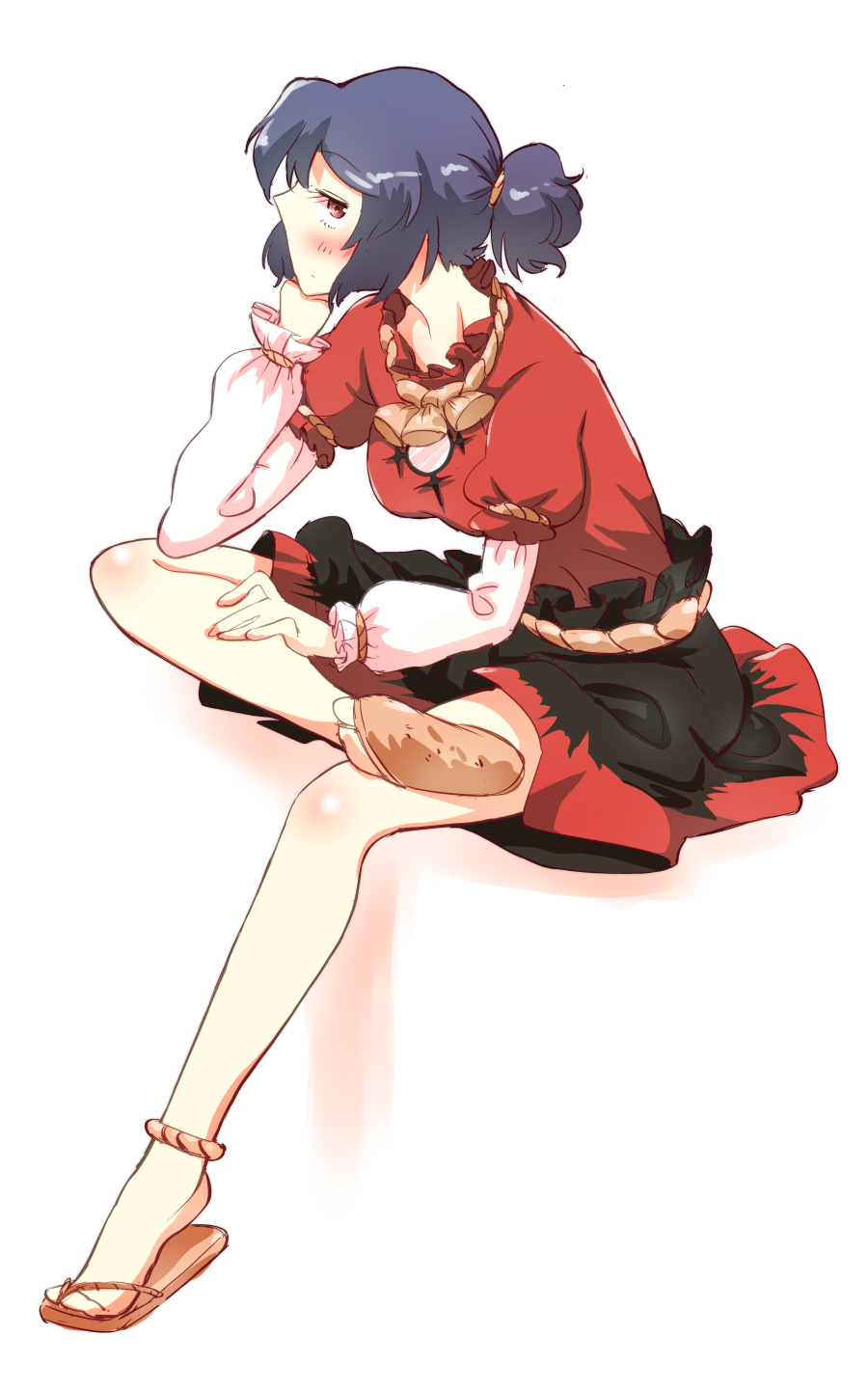 1girl blush breasts chin_rest full_body highres invisible_chair long_sleeves looking_at_viewer looking_to_the_side medium_breasts mirror non_(z-art) purple_hair red_eyes rope sandals shimenawa shirt short_hair short_ponytail simple_background sitting skirt solo touhou white_background yasaka_kanako