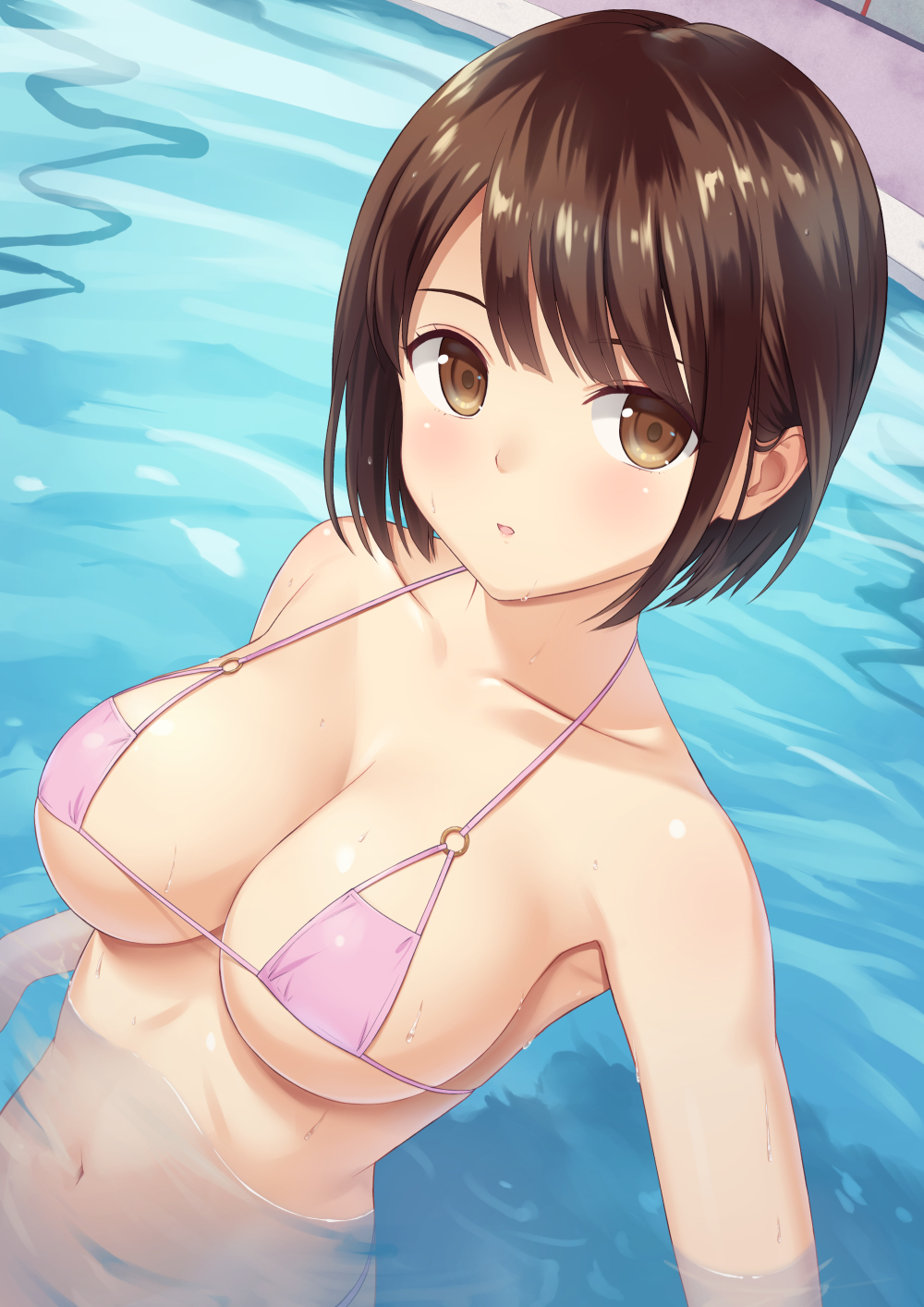 1girl bikini breasts brown_eyes brown_hair cleavage collarbone from_above halterneck highres large_breasts looking_at_viewer n.g. navel o-ring o-ring_bikini o-ring_top original outdoors parted_lips partially_submerged pink_bikini short_hair solo string_bikini swimsuit water wet