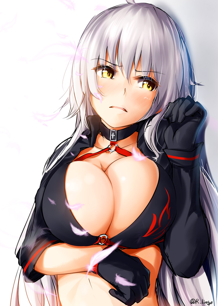 1girl bangs bikini black_bikini black_choker black_gloves black_jacket blush breast_hold breasts choker cleavage cropped_jacket eyebrows_visible_through_hair eyes_visible_through_hair fate/grand_order fate_(series) feathers gloves hair_between_eyes jacket jeanne_d'arc_(alter)_(fate) jeanne_d'arc_(alter_swimsuit_berserker) jeanne_d'arc_(fate)_(all) large_breasts lingerie_(aki3240) long_hair looking_away looking_to_the_side lying o-ring o-ring_bikini on_side parted_lips silver_hair solo swimsuit upper_body very_long_hair yellow_eyes