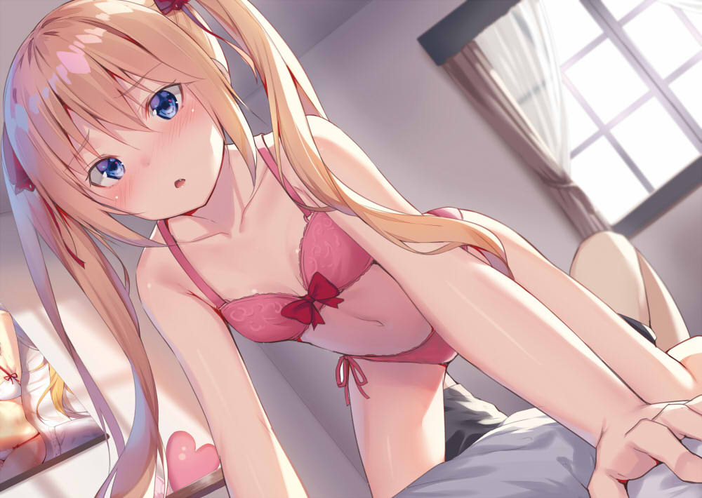 1girl alexmaster all_fours bangs bare_arms bare_shoulders black_shorts blonde_hair blue_eyes blush bow bow_bra bra breasts collarbone commentary_request curtains day dutch_angle eyebrows_visible_through_hair girl_on_top grey_shirt hair_between_eyes indoors long_hair lying navel on_back original panties pink_bra pink_panties shirt short_shorts shorts side-tie_panties small_breasts solo_focus sunlight transparent twintails underwear underwear_only very_long_hair window