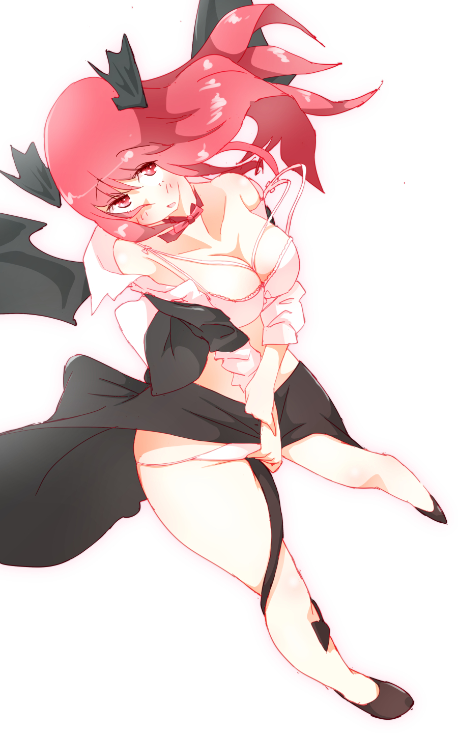 1girl black_footwear blush bra breasts cleavage collarbone collared_shirt demon_tail demon_wings full_body head_wings highres koakuma large_breasts long_hair looking_at_viewer midriff non_(z-art) open_clothes open_mouth open_shirt panties pantyshot pantyshot_(standing) red_eyes redhead shirt shoes simple_background skirt solo standing straight_hair strap_slip tail touhou underwear vest white_background white_shirt wings